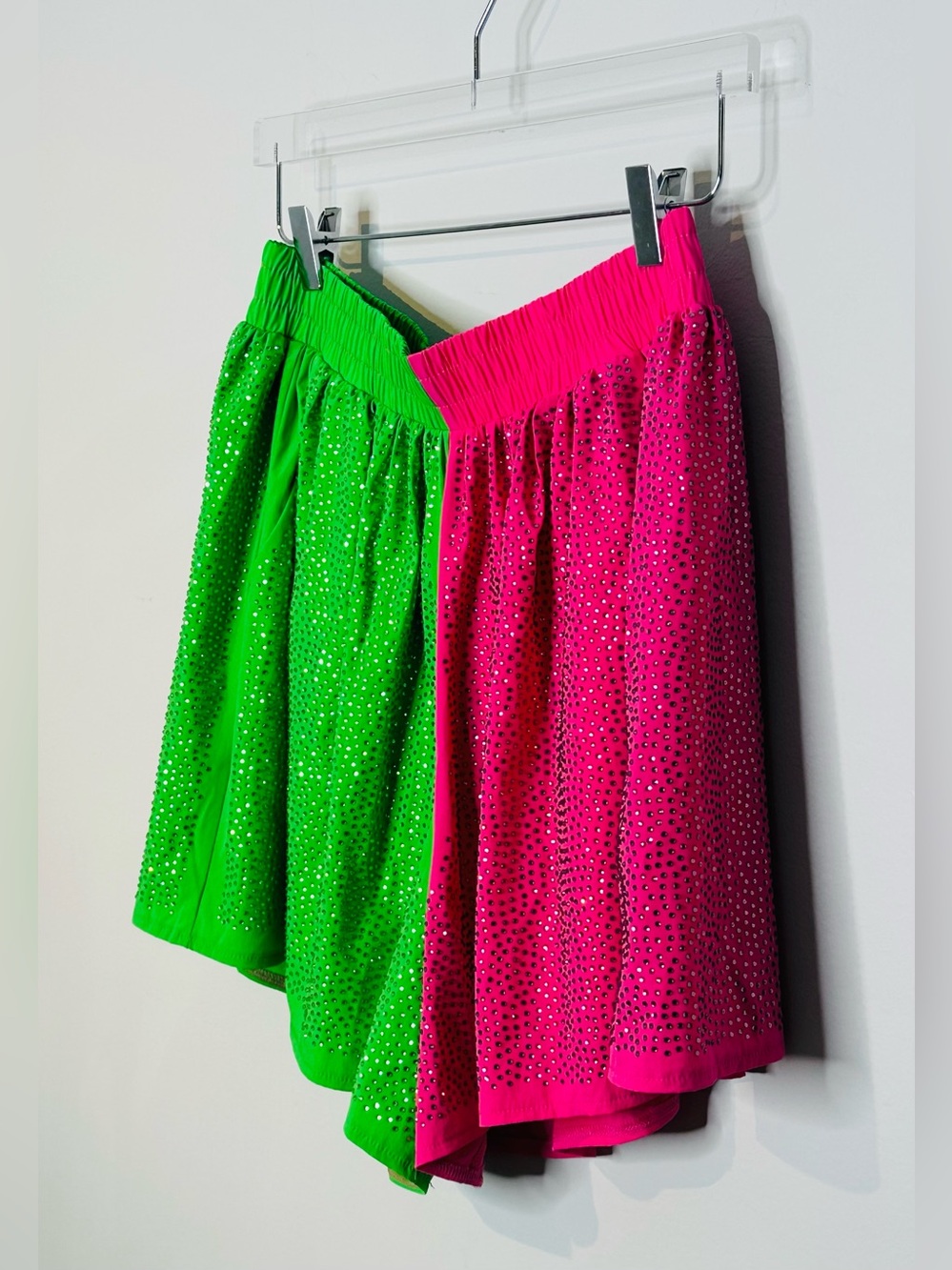 Queen of Sparkles Colorblock Rhinestone Pink Green Pull On Shorts - Picture 4 of 12